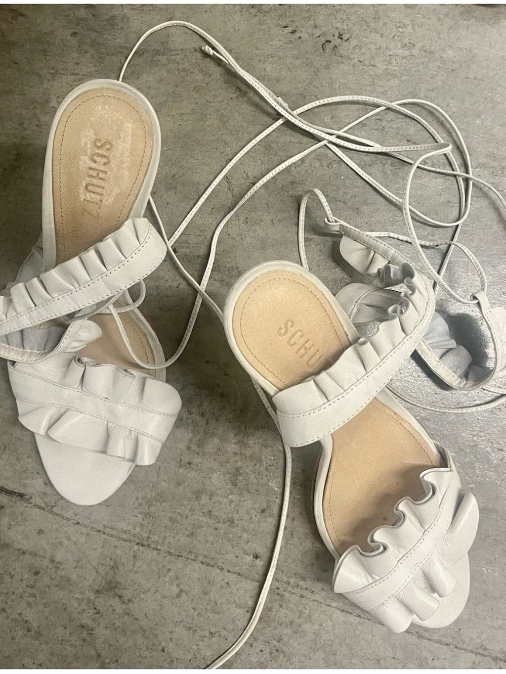 SCHUTZ White Ruffle Lace-Up Sandals